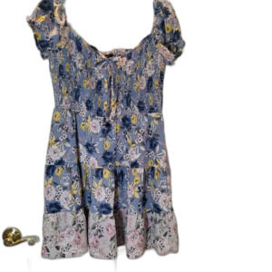 City Studio Blue and Yellow Smocked Dress Large